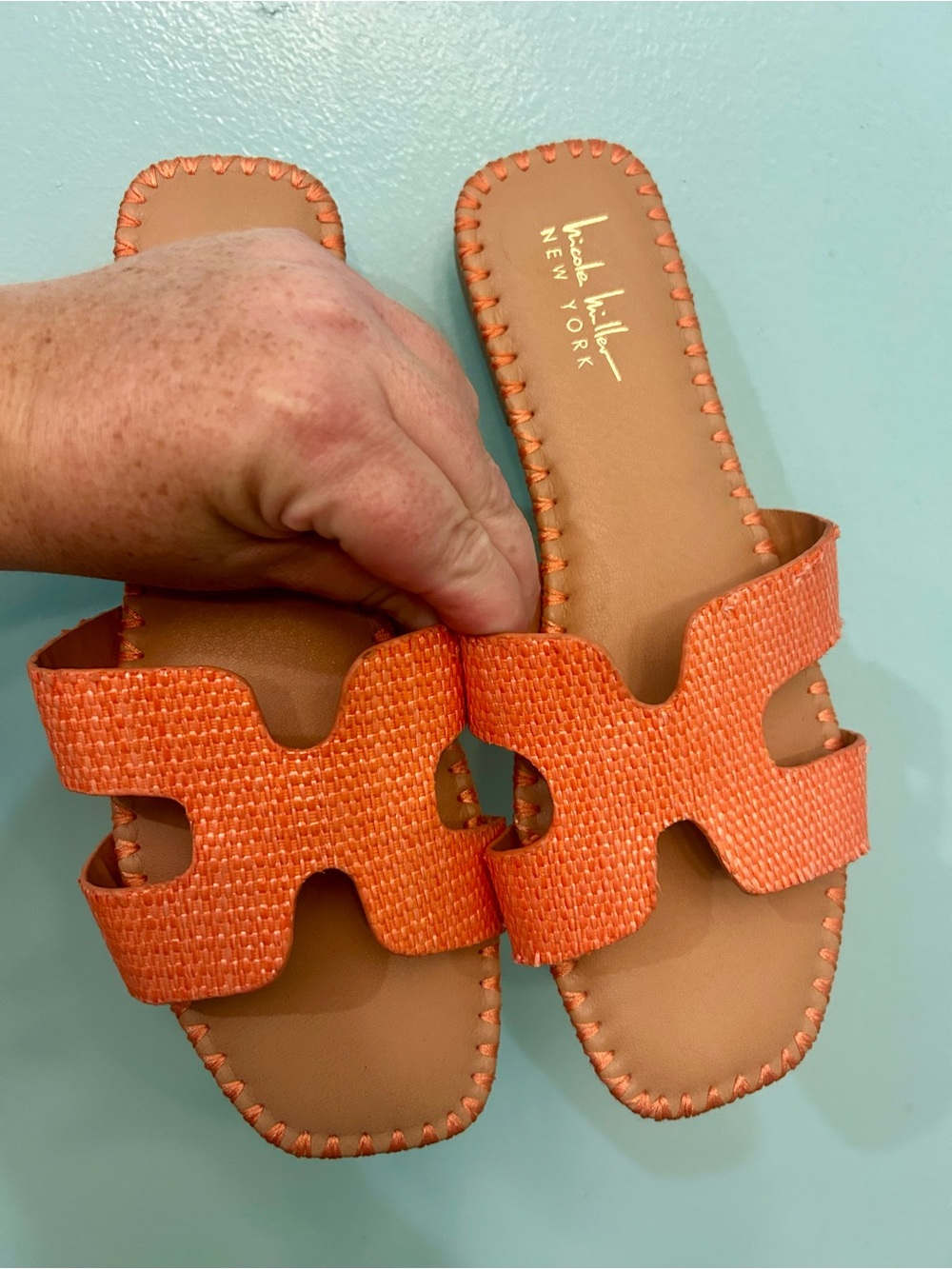 Nicole Miller “Morah” H Slides Sandals 8.5 Straw Coral Orange